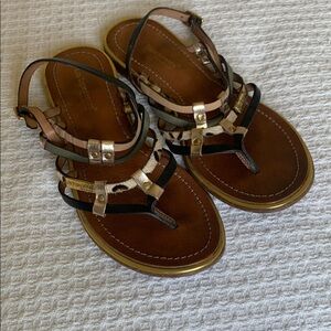 Les Tropeziennes flat strappy Sandals size 37 (7 US) black gold olive and print